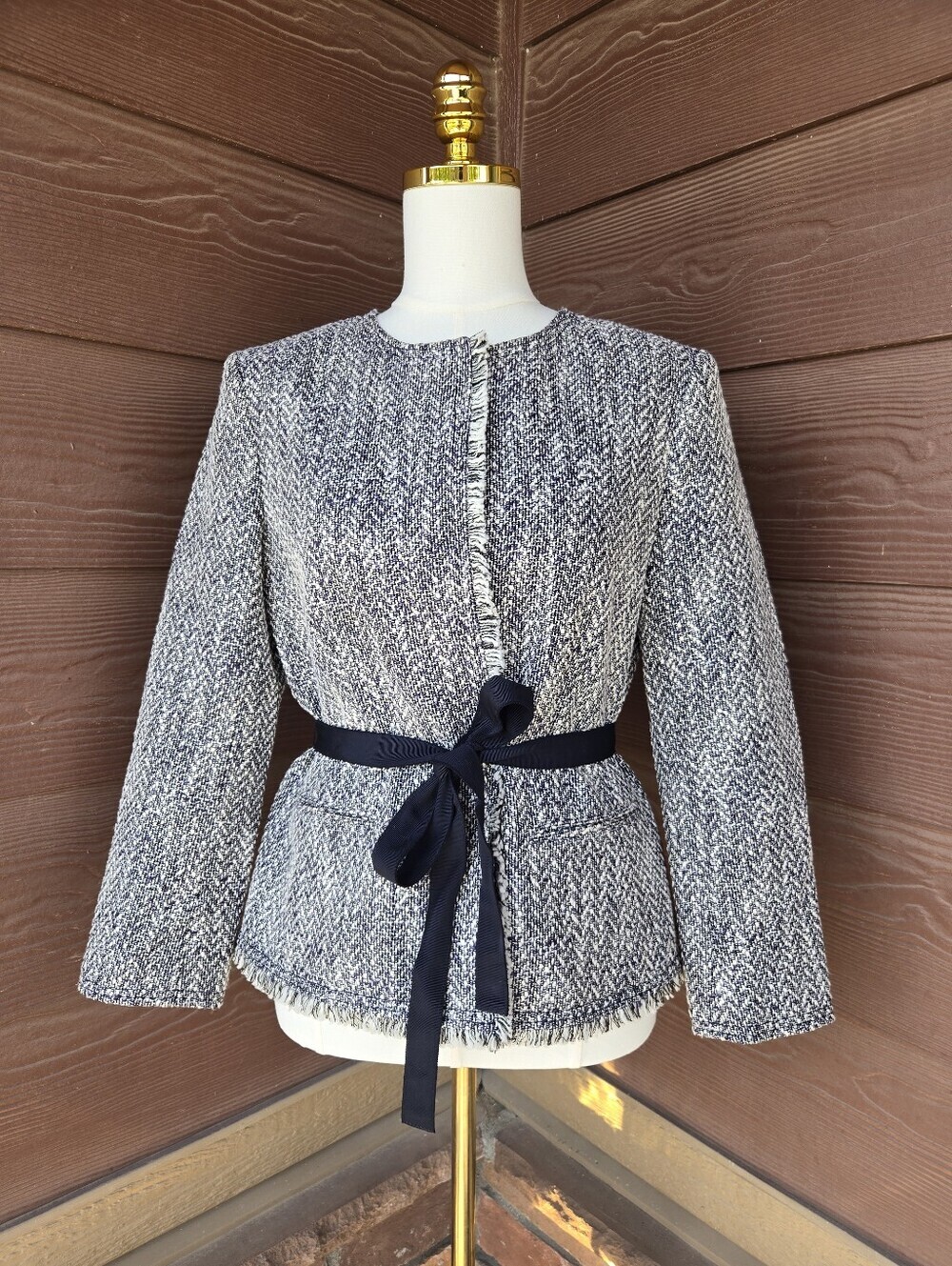Ann Taylor Factory Tweed Fringe Trim Ribbon‑Tie Waist Jacket – Women’s Size MED